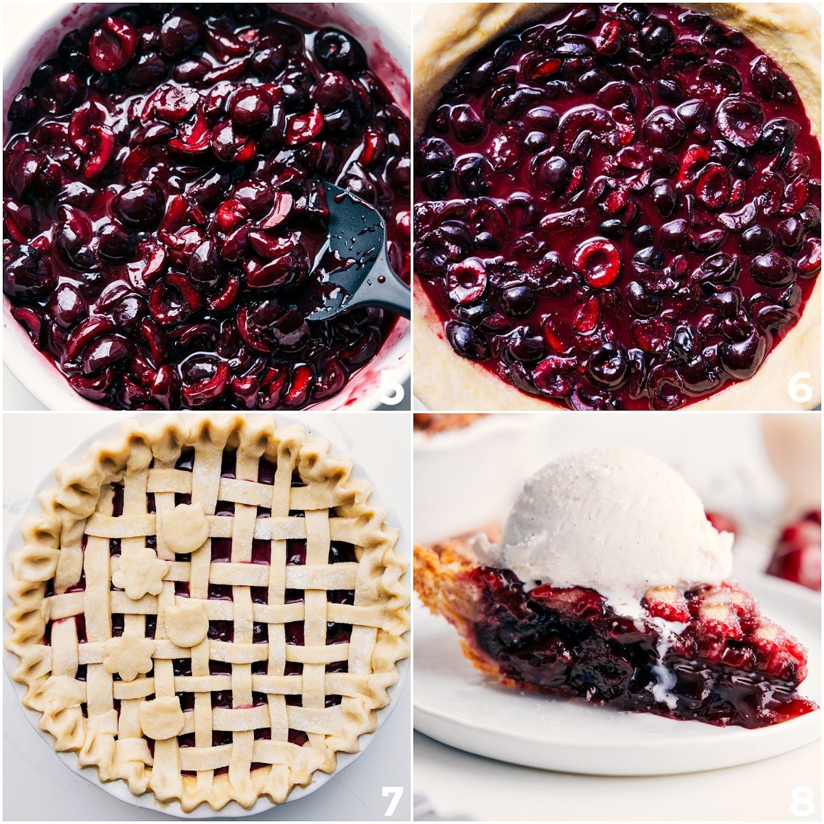 Cherry pie being assembled with filling added and top crust laid over, then baked until the edges turn golden; a slice being served with a scoop of ice cream on top.