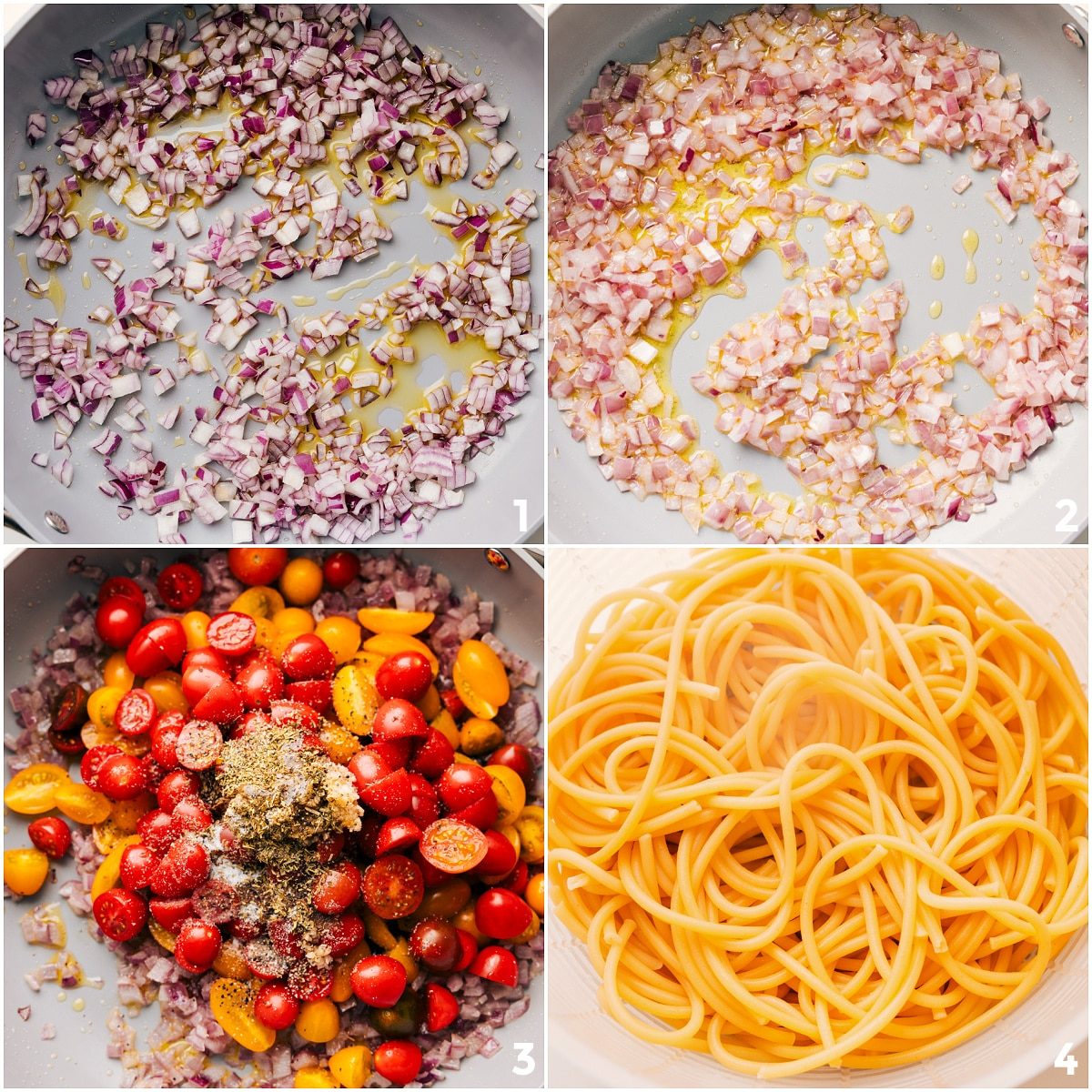 Onions sautéed with tomatoes and seasonings, with pasta cooking separately for cherry tomato pasta.