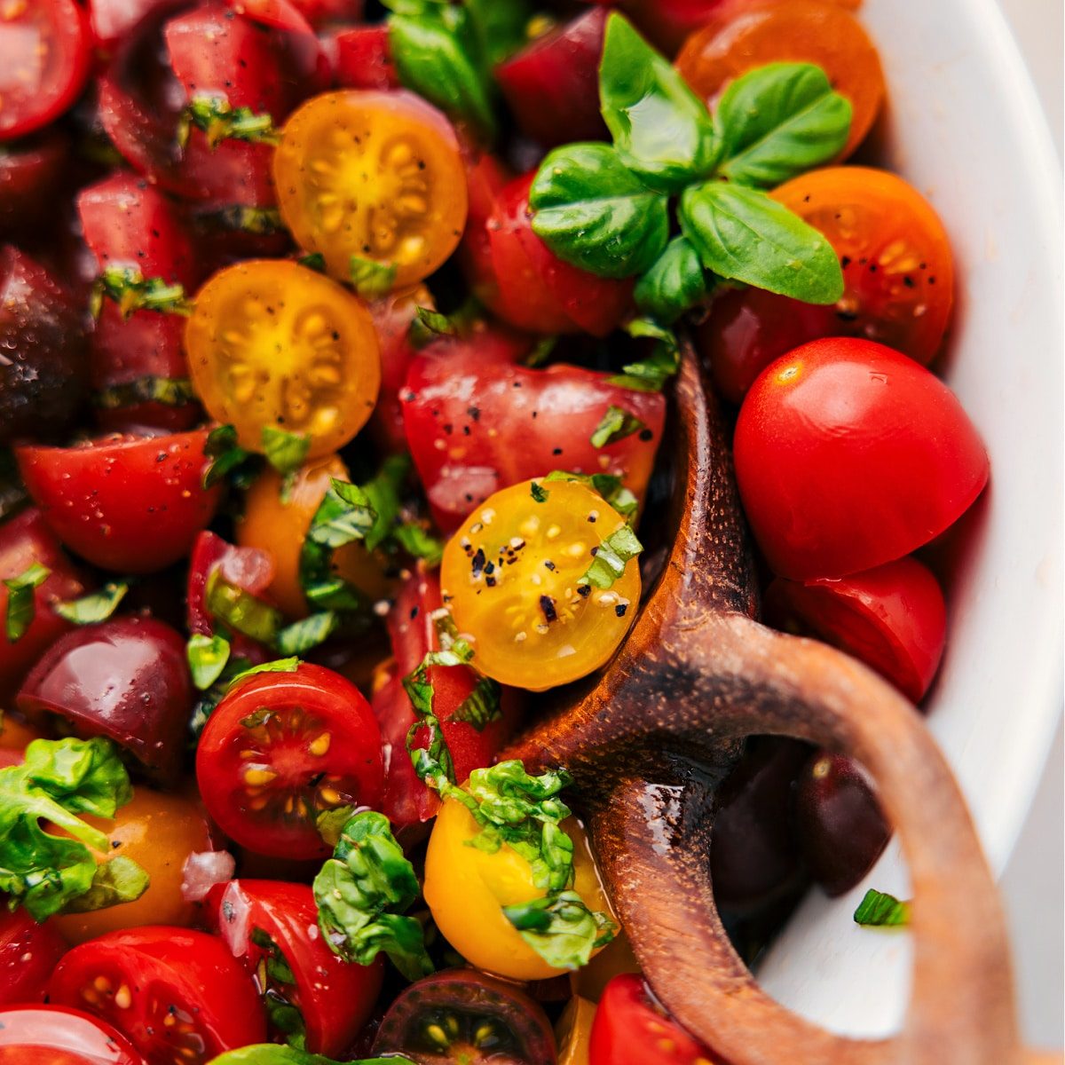The fresh cherry tomato salad all tossed together and ready to be served.