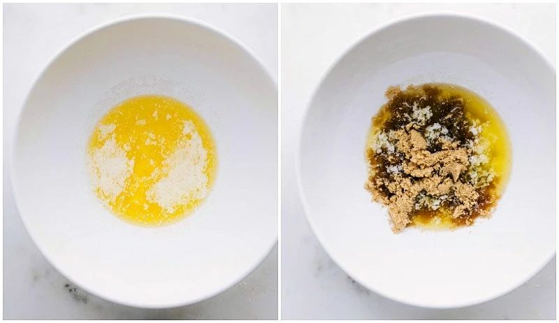 Melted butter and sugars being poured into a mixing bowl for the chewy chocolate chip cookie recipe.