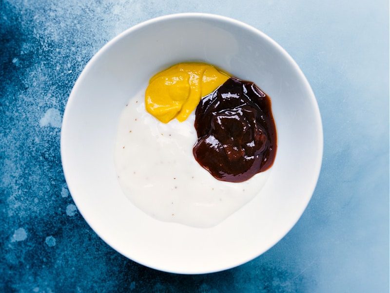 All ingredients for the Chick-Fil-A Sauce Recipe combined in a bowl.