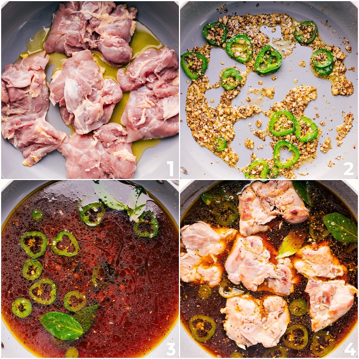Chicken thighs seared in a skillet, then simmered in the adobo sauce for a flavorful chicken adobo recipe.