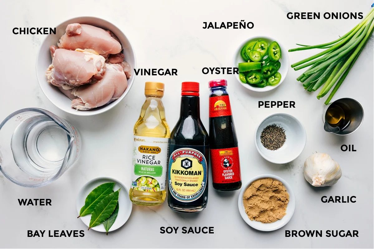 All ingredients for the recipe prepped and ready, including chicken, water, bay leaves, vinegar, soy sauce, oyster sauce, jalapeño, pepper, brown sugar, garlic, green onions, and oil.