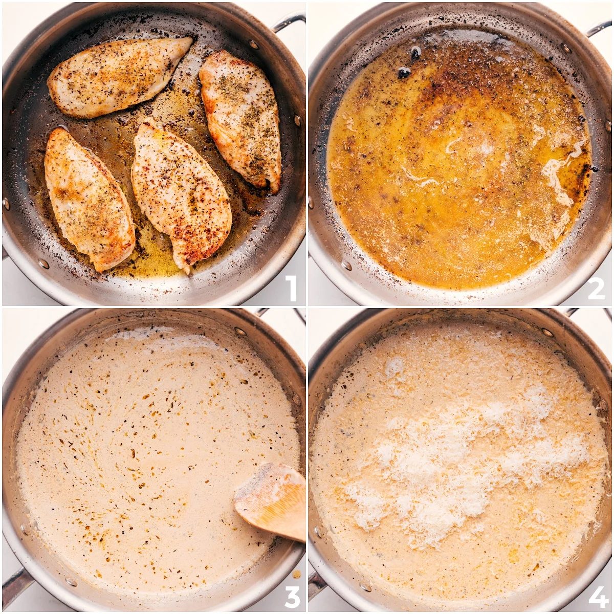 The chicken being cooked for this chicken alfredo recipe.