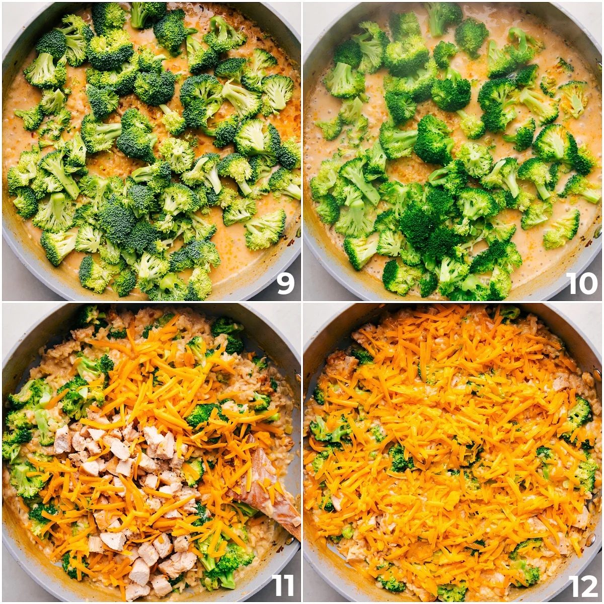 Broccoli, cheese, and chicken being added to the skillet for this satisfying Creamy Chicken Broccoli Rice Casserole.
