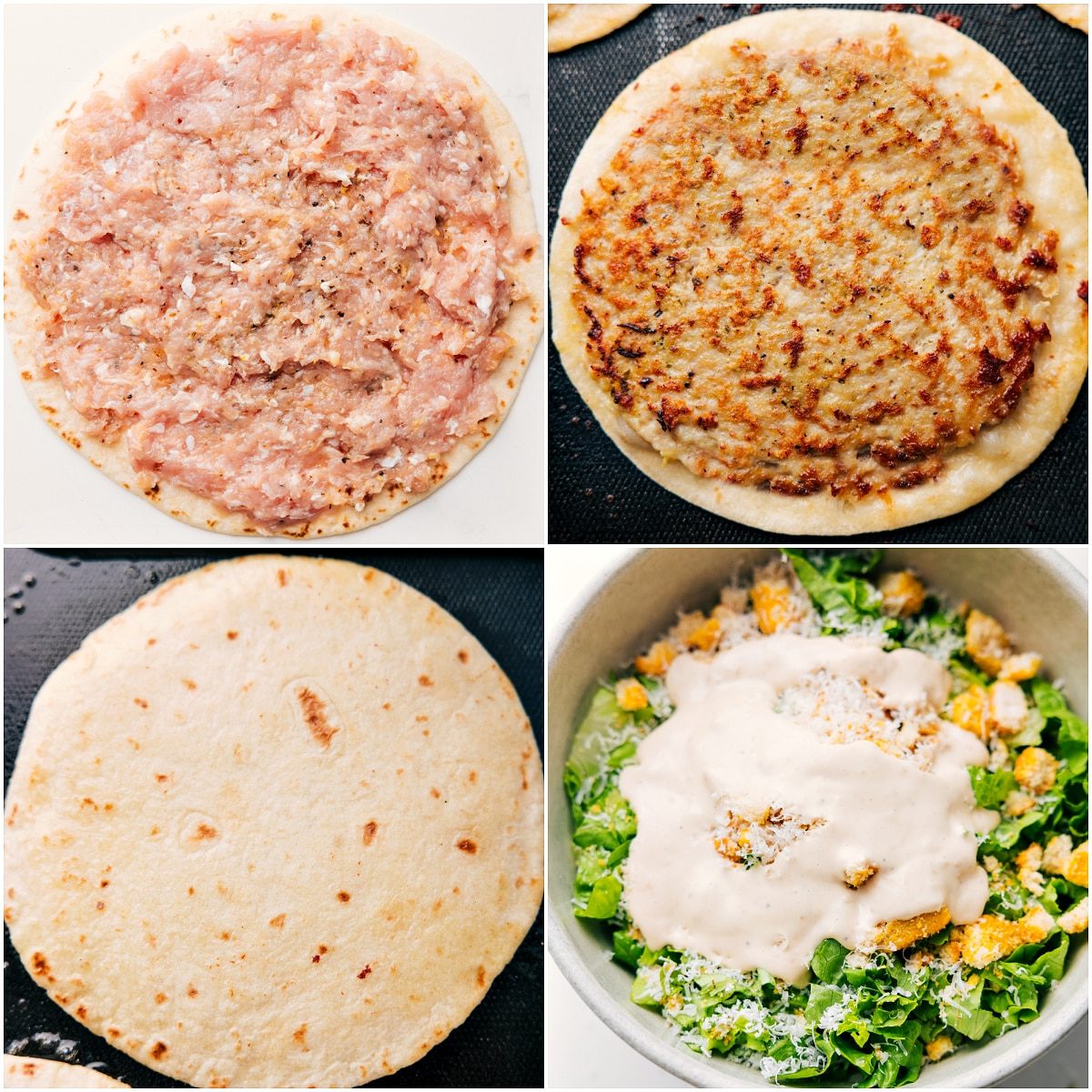Smashing the seasoned chicken onto tortillas, cooking until the edges turn golden, and tossing Caesar salad for Chicken Caesar Smashed Tacos.