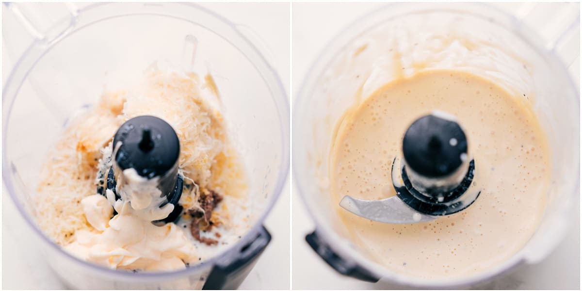 All the ingredients for this dressing added to a food processor to make the best dressing to top this dish.