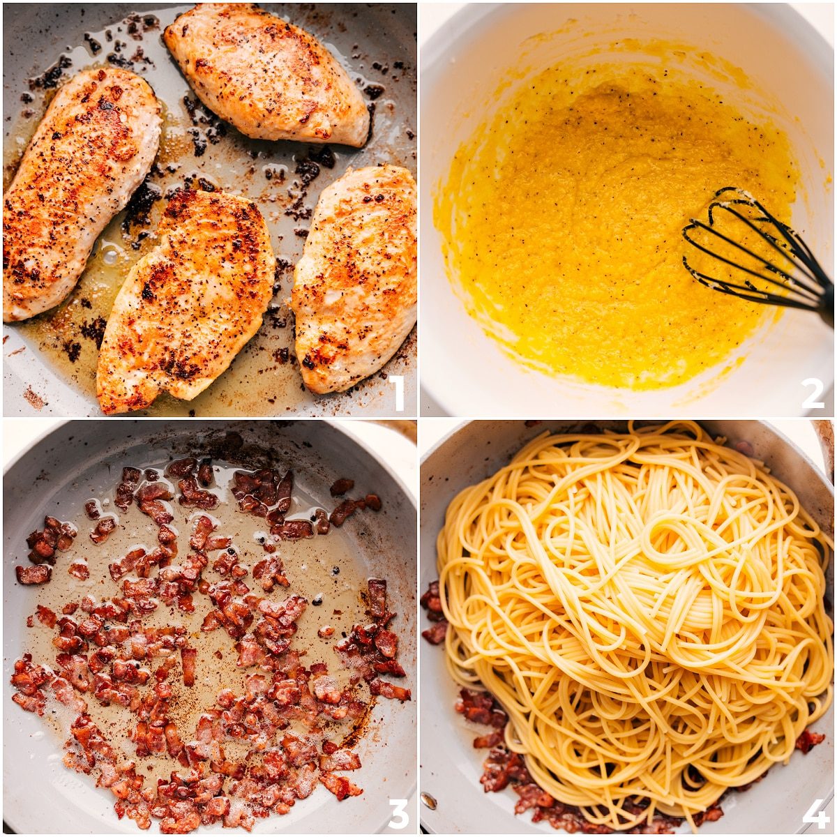 Chicken cooking while egg sauce is whisked and bacon crisps for this chicken carbonara recipe.