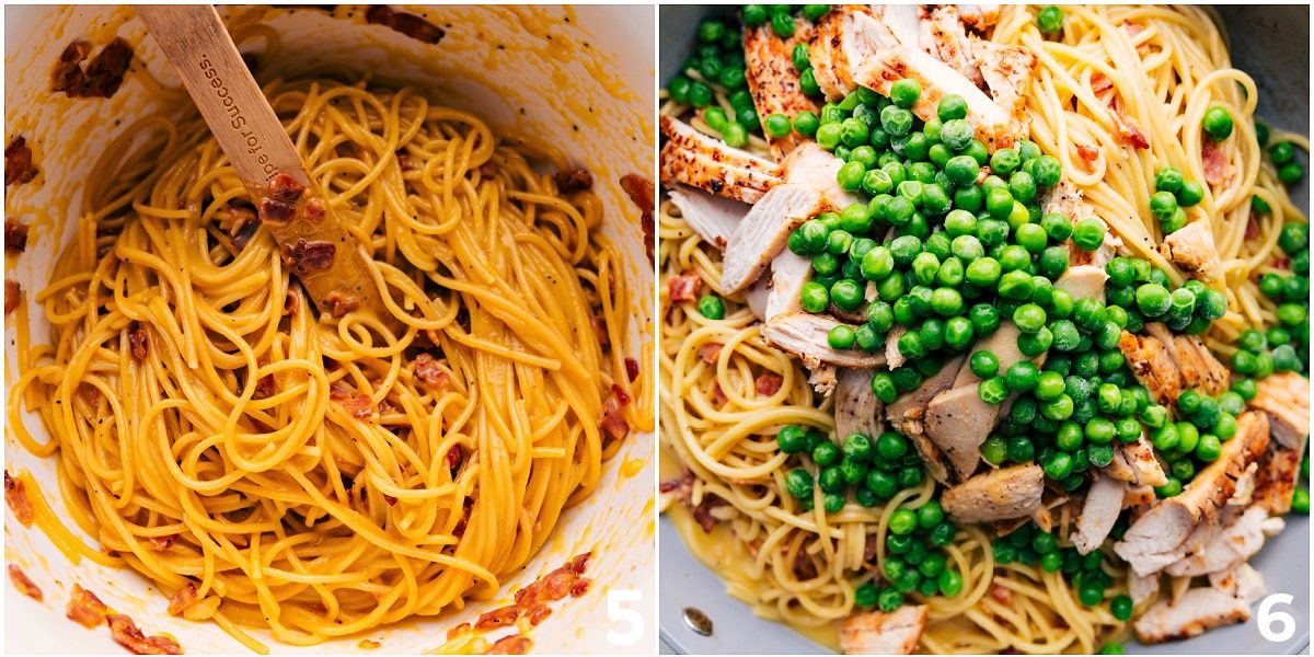 The dish mixed together with the egg mixture and topped with the peas and chicken for a satisfying dinner.
