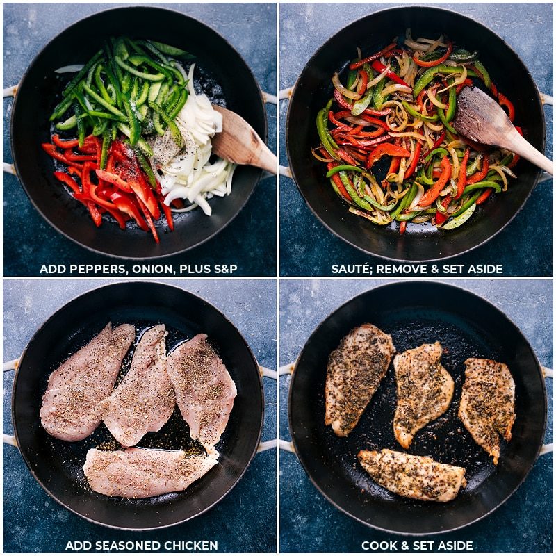 Add peppers, onions and salt and pepper; sautee and keep nearby; add seasoned chicken; cook and keep nearby for the Baked Ziti With Chicken.