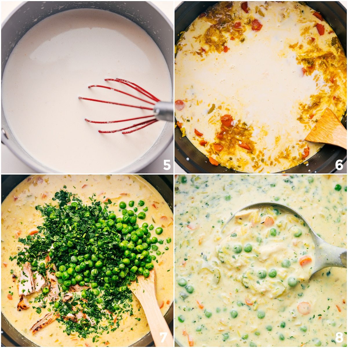 Making the cream sauce and adding it to the rice and veggie mix and then mixing in frozen peas, chopped cilantro, and cooked chicken.