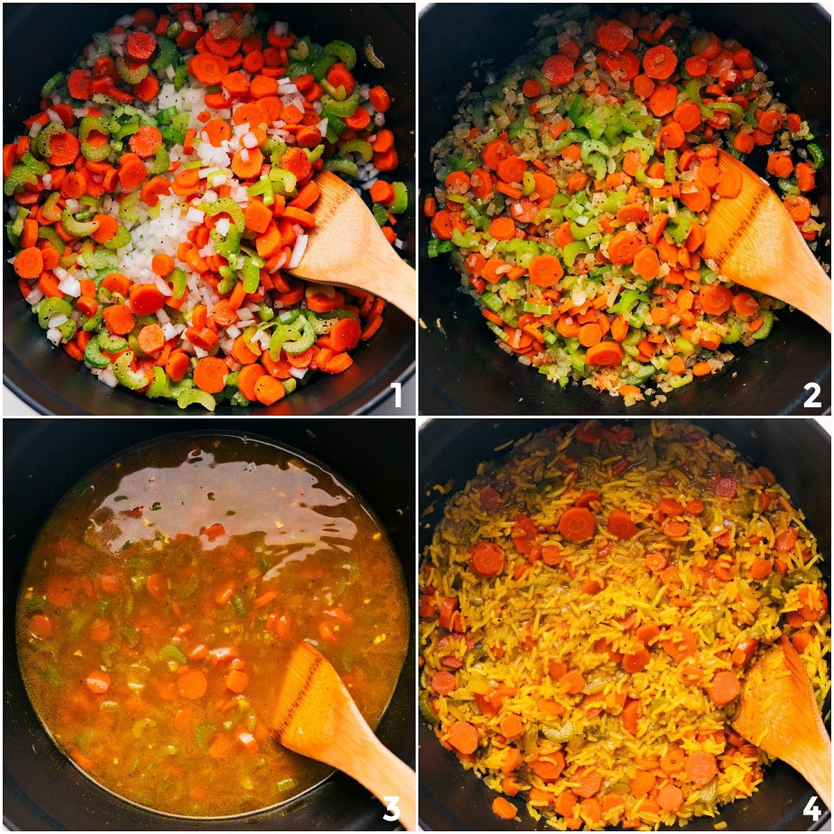 The veggies sautéed, then broth and rice added and cooked together for this Chicken Curry Rice Soup.