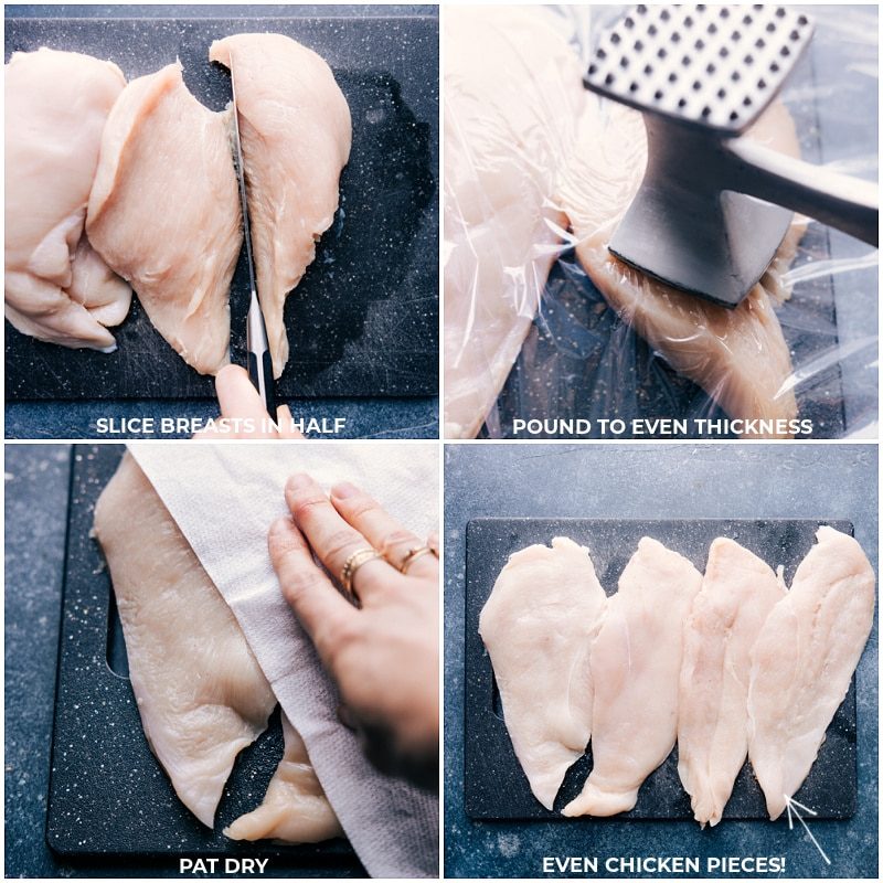 Prepping the chicken by pounding it to even thickness then patting it dry.
