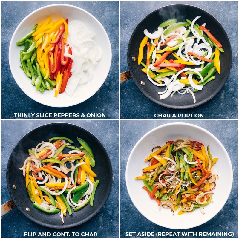 The peppers and onions being chopped and cooked for this chicken fajita recipe.