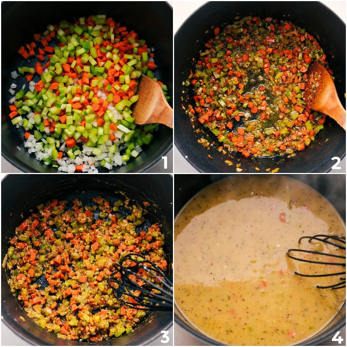 Sauté the veggies, then add the seasonings and broth, allowing everything to cook together.