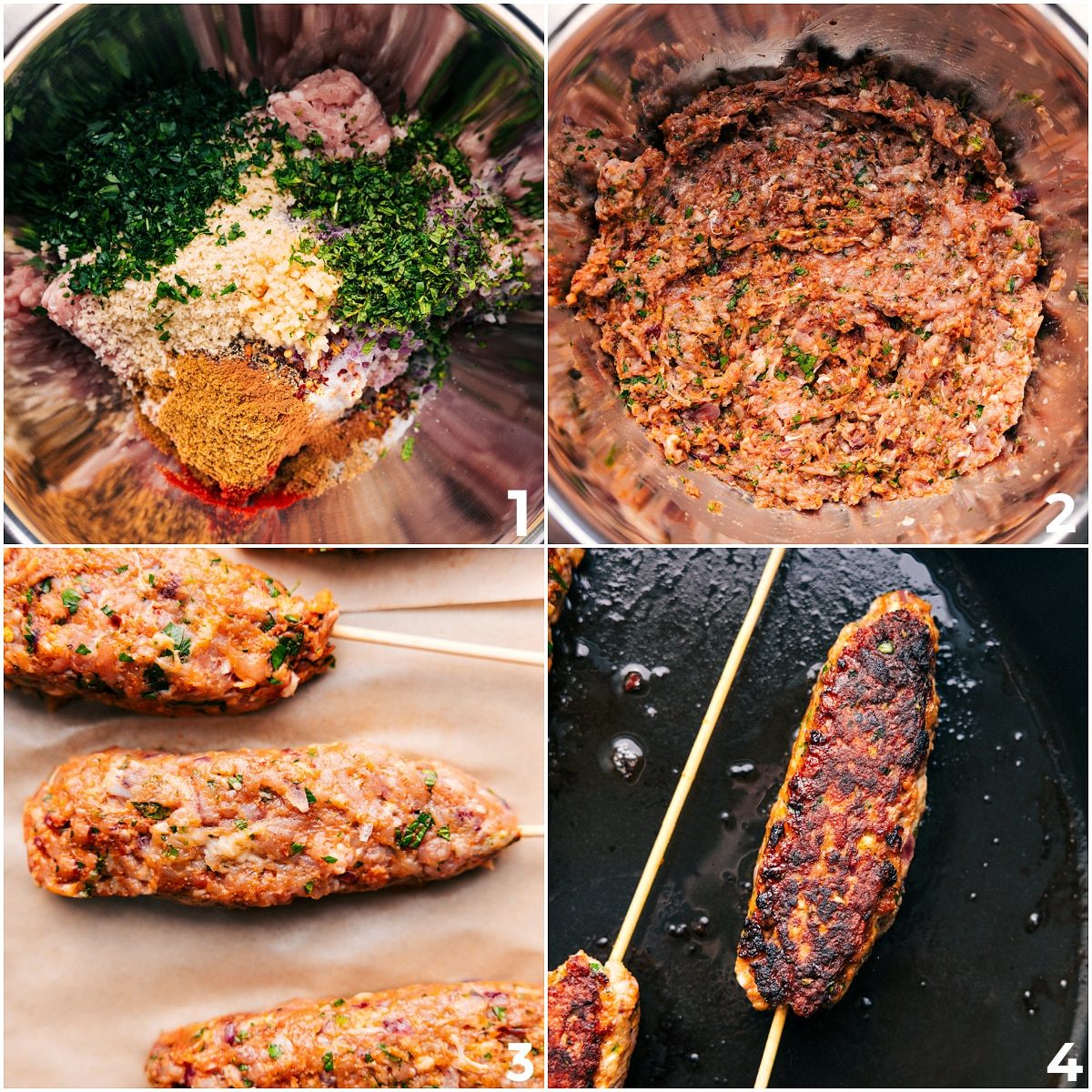 The meat and remaining ingredients added into a bowl and mixed together than shaped onto a skewer and cooked.