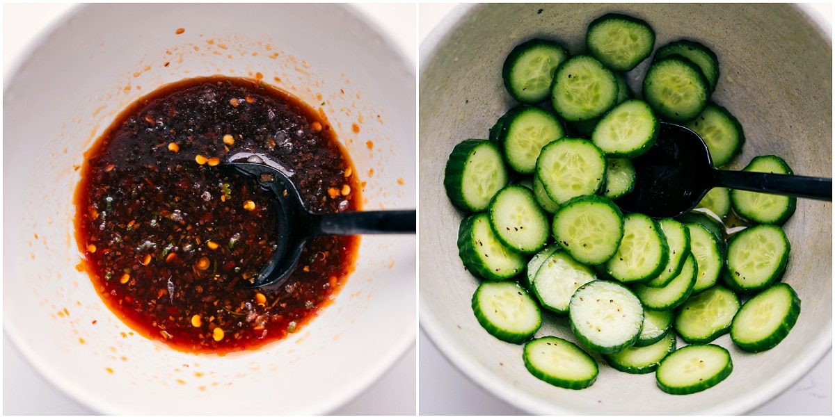 Chili garlic sauce being whisked together and cucumbers sliced and seasoned for this Chicken Larb recipe.