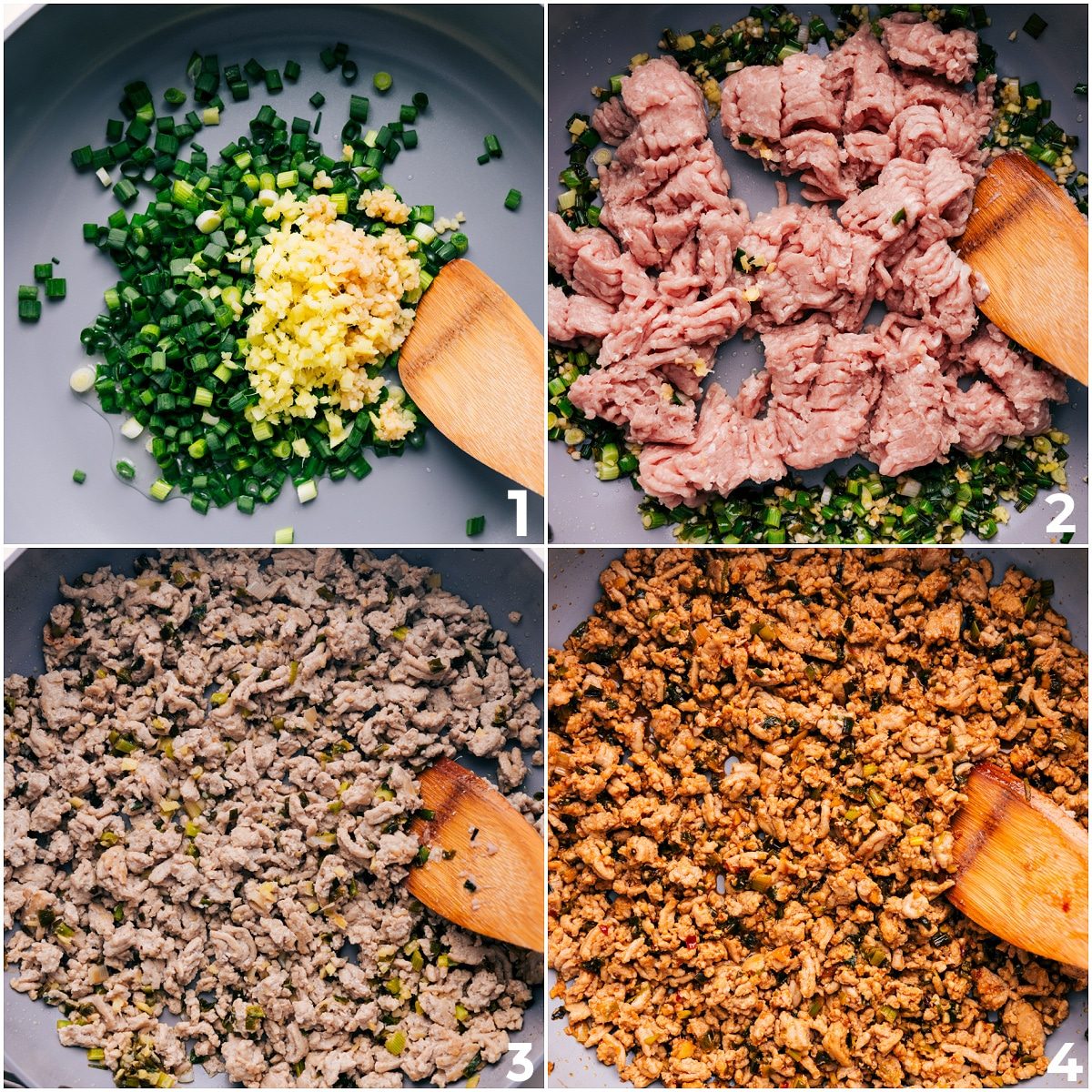 The herbs, garlic, and ginger being whisked together and then the ground chicken being browned through and sauce being added in.