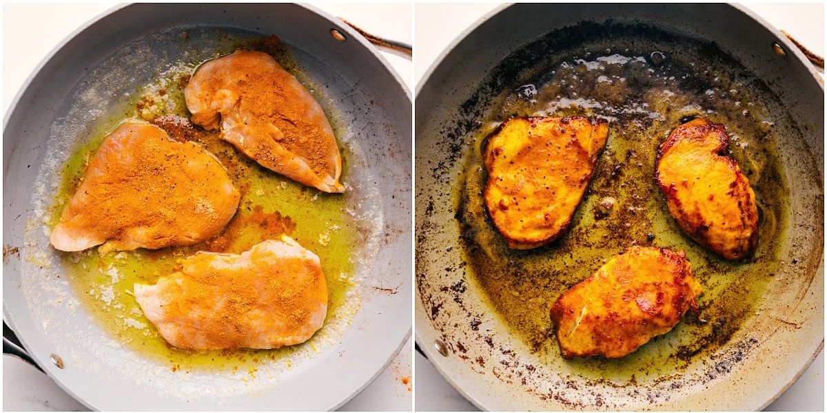 The chicken being cooked to perfection in a pan to use in these chicken lettuce wraps.