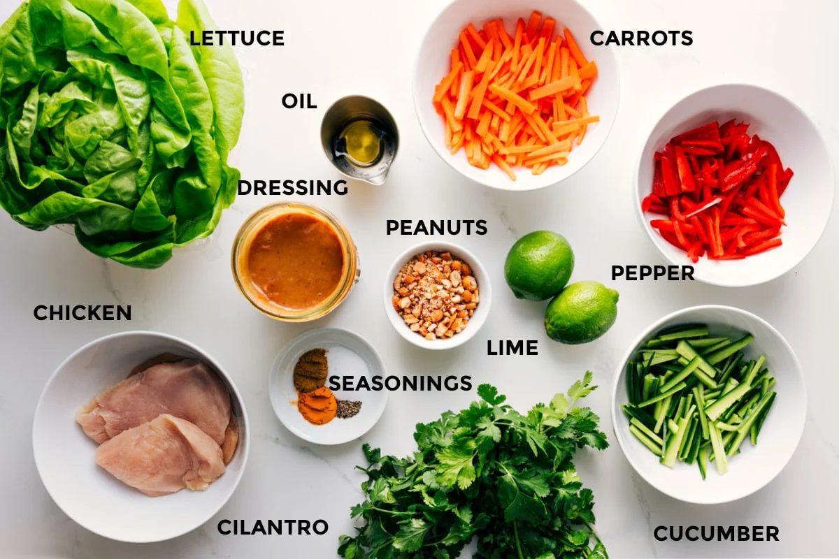 All the ingredients in this recipe prepped out for straightforward assembly including the lettuce, chicken, dressing, oil, seasonings, peanuts, carrots, pepper, cucumber, cilantro, and limes.
