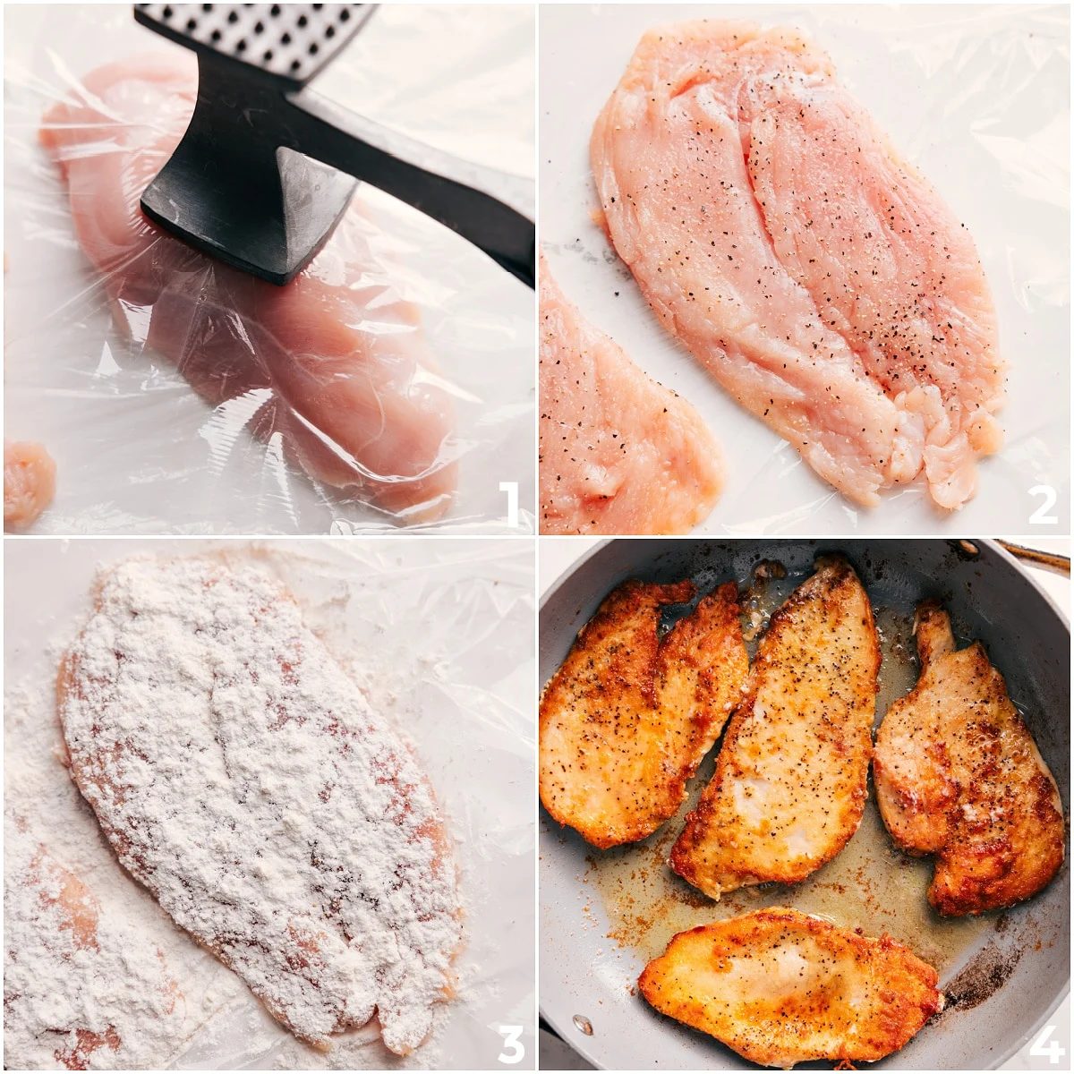 Chicken being prepped for this chicken marsala recipe by pounding the breasts to even thickness, then coating them in flour and cooking in oil.