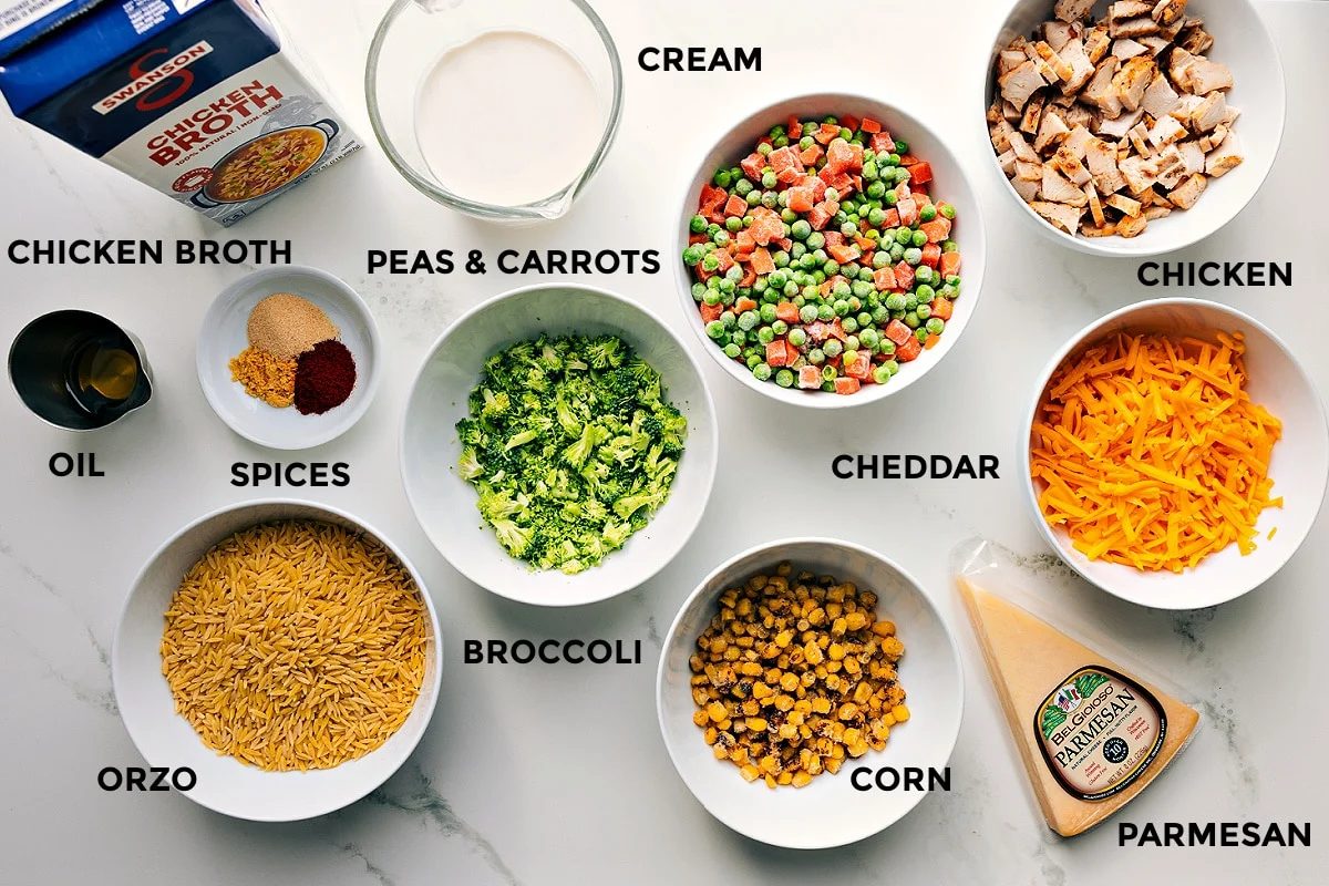 Ingredients prepped and arranged for straightforward assembly, including broth, cream, oil, spices, vegetables, chicken, cheddar, parmesan, corn, and orzo.