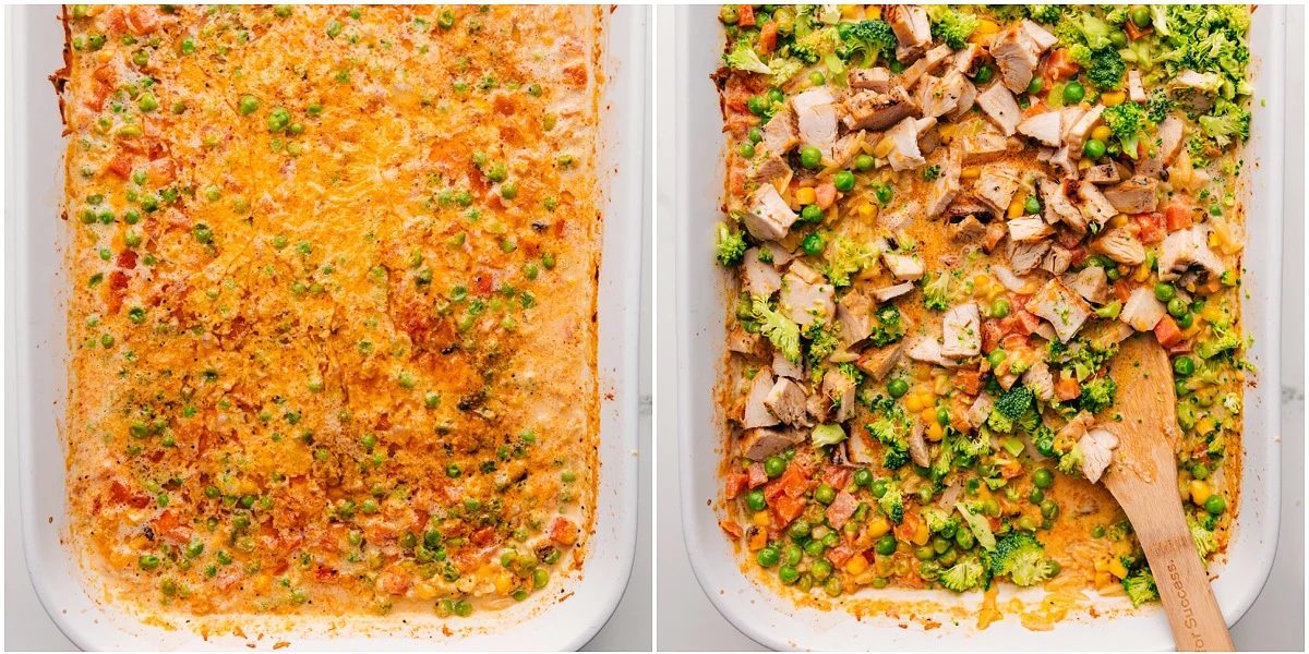 Chicken Orzo Bake assembled in a casserole dish with ingredients baked together, then finished with chicken, broccoli, and extra cheese stirred in at the end.