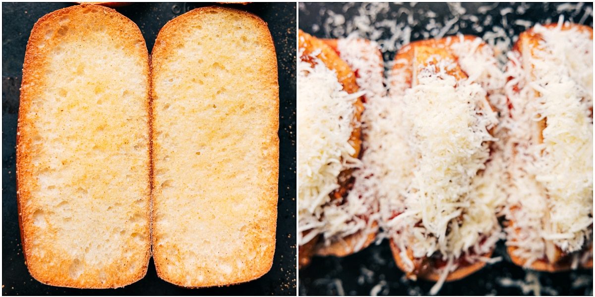 The bread toasted and all the ingredients added into the bread for this chicken parm sandwich.
