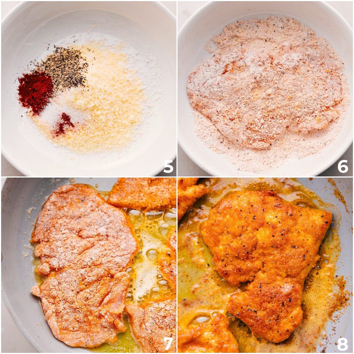 The breading being mixed together and then the chicken dipped in the breading and fried in a skillet.