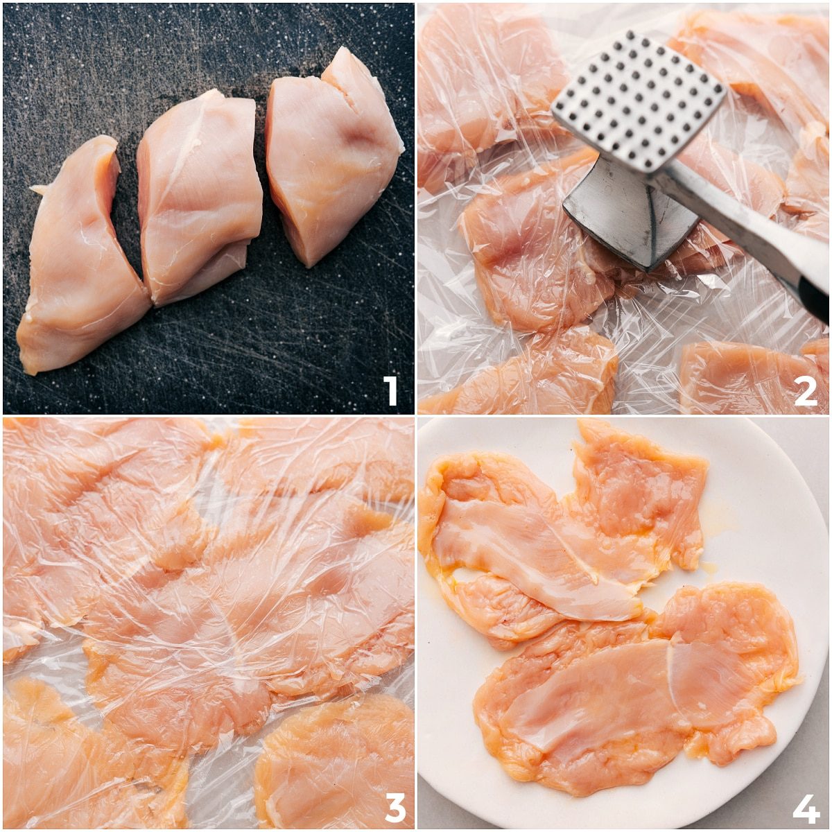 Chicken being sliced in half and pounded to an even thickness for this Chicken Parm Sandwich.