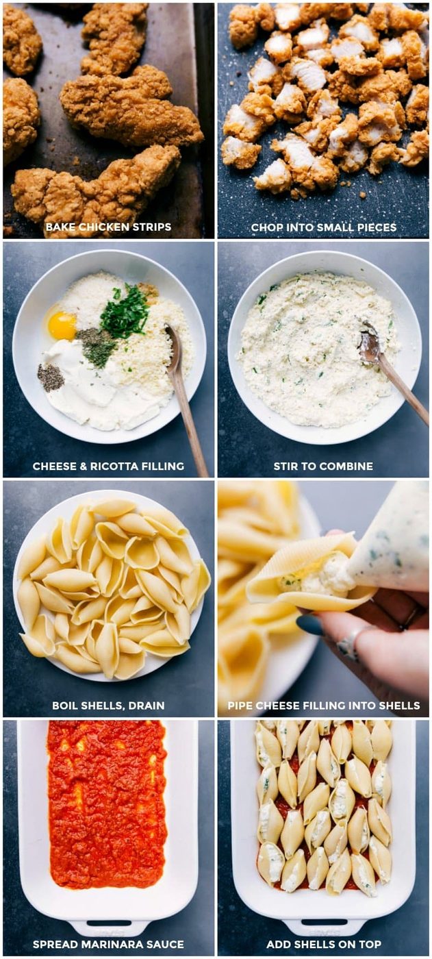 Baking chicken strips, cutting them into small pieces, mixing the cheesy filling, cooking the shells, filling the shells with cheese, spreading marinara sauce on the bottom of the pan, and adding the filled shells onto the marinara sauce.