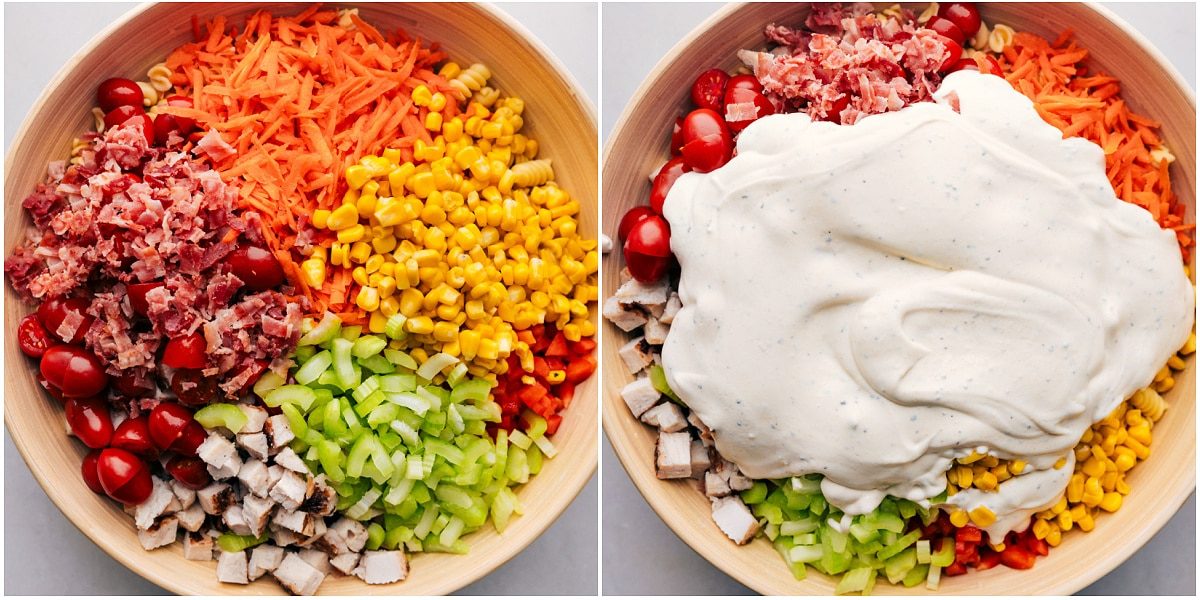 All the toppings being added over a bed of pasta with the dressing poured over everything for this straightforward chicken pasta salad recipe.