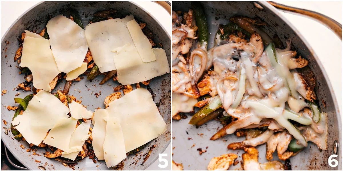 The cheese added over the chicken and veggies to melt on top so it can be transferred straight to a bun.