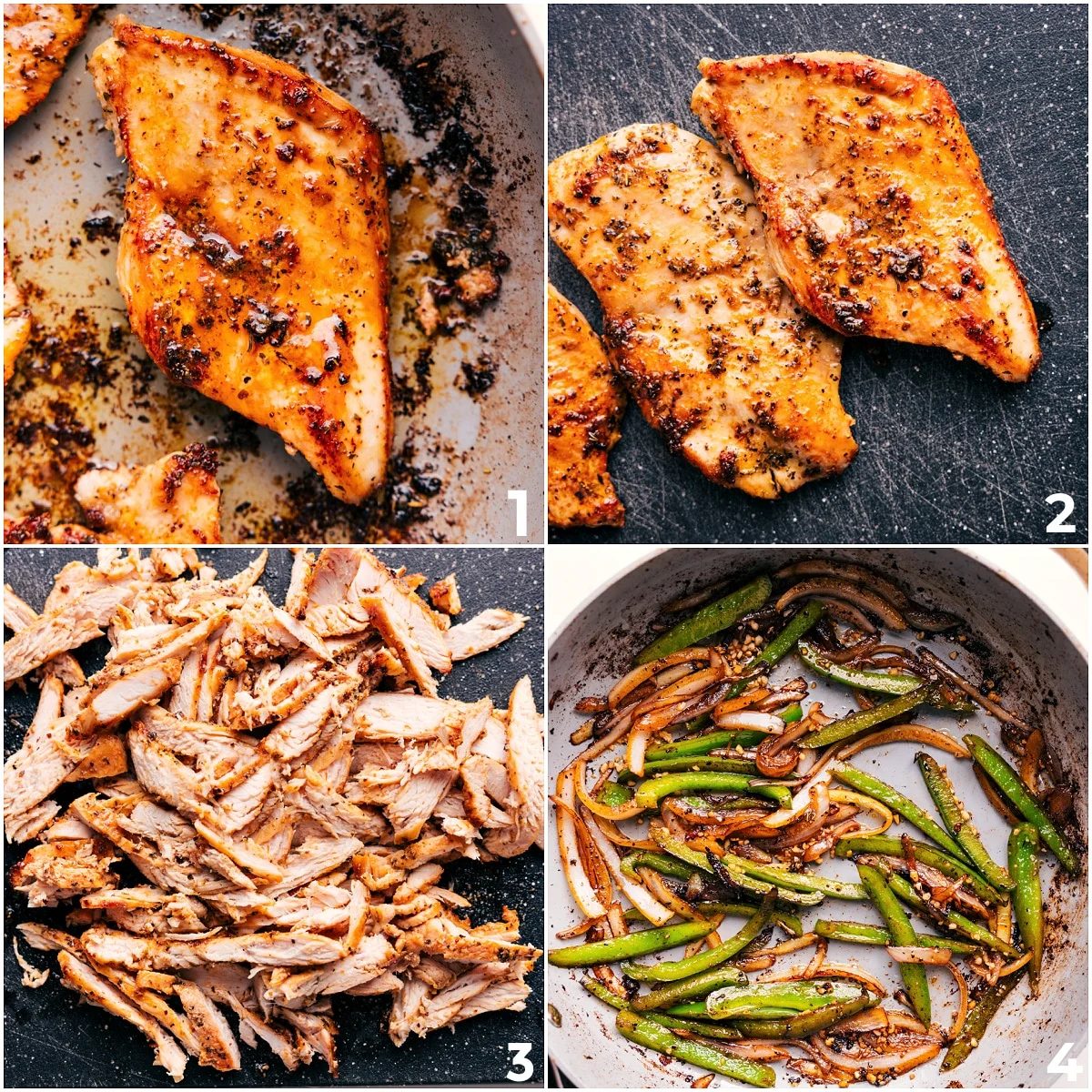 The chicken being cooked through on a pan, then chopped, and the peppers and onions being cooked for this chicken philly cheesesteak recipe.