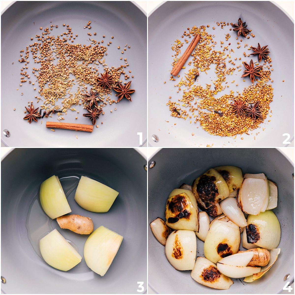 Spices and seasonings toasting in a pan before onions and ginger for this chicken pho recipe.