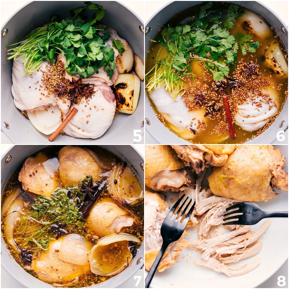 Chicken, toasted spices, cilantro, and broth added to the pot.