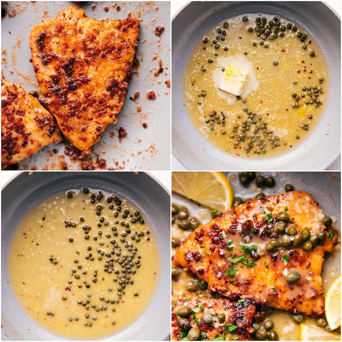 The chicken piccata cooked to crispy perfection with the butter sauce mixed in the skillet, ready to be enjoyed.