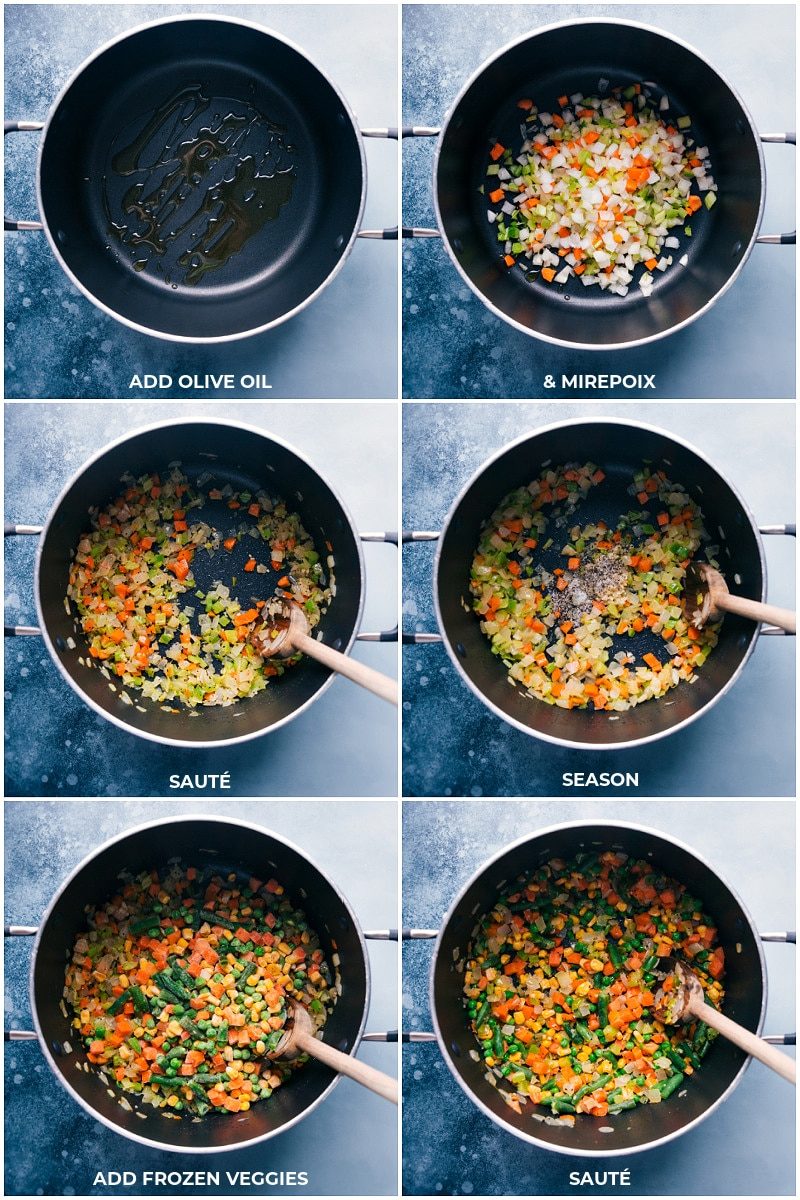 Process shots: browning the vegetables for Chicken Pot Pie Pasta