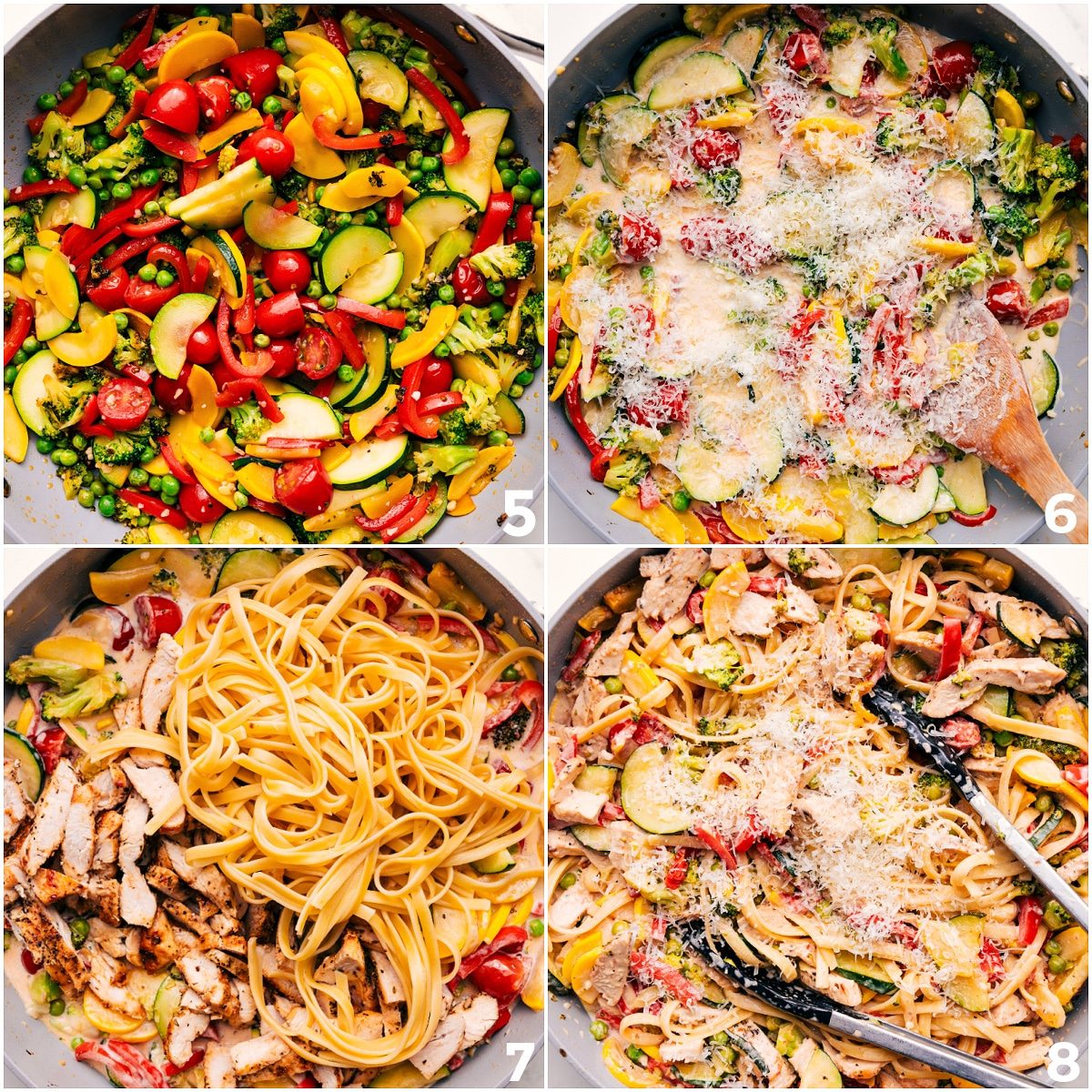 Pasta tossed with sautéed vegetables and creamy sauce, all mixed together.