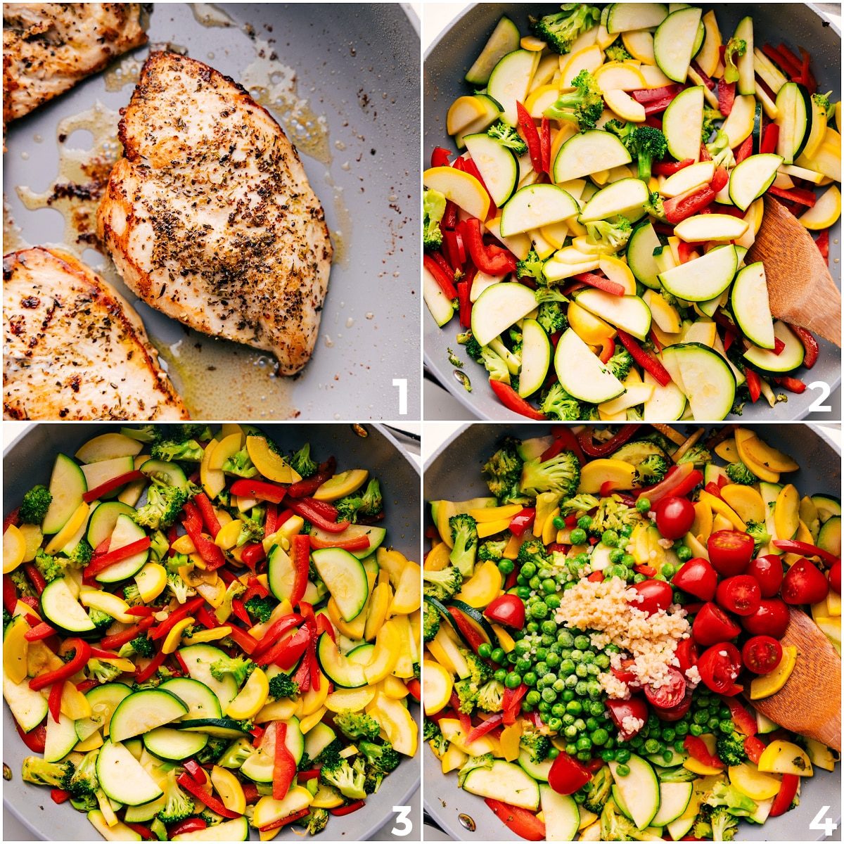 Chicken cooking in a skillet, followed by fresh vegetables sautéed until tender for this Chicken Primavera recipe.