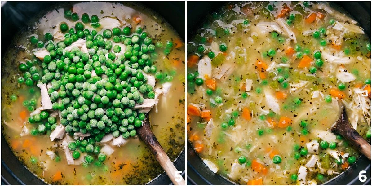 The cooked chicken and peas being mixed into the pot.