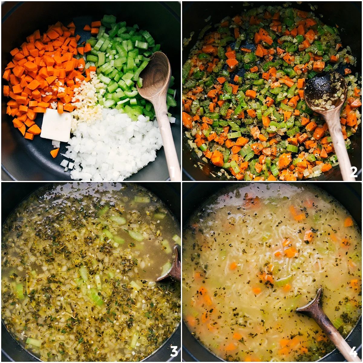 Vegetables sautéed in butter, then cooked with chicken stock and rice for this Chicken and Rice Soup Recipe.