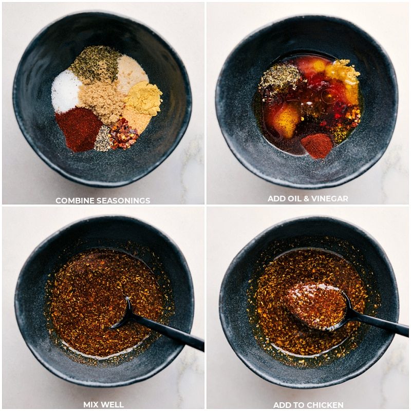 Assembling and combining the ingredients for the chicken rub recipe.
