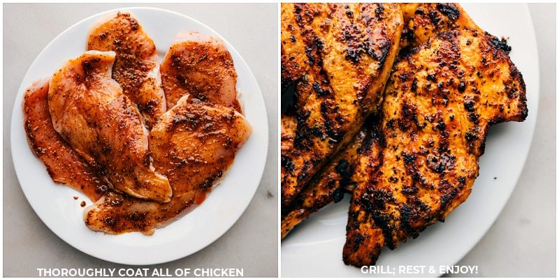 Chicken rub on the chicken on a plate then it grilled up ready to be enjoyed.