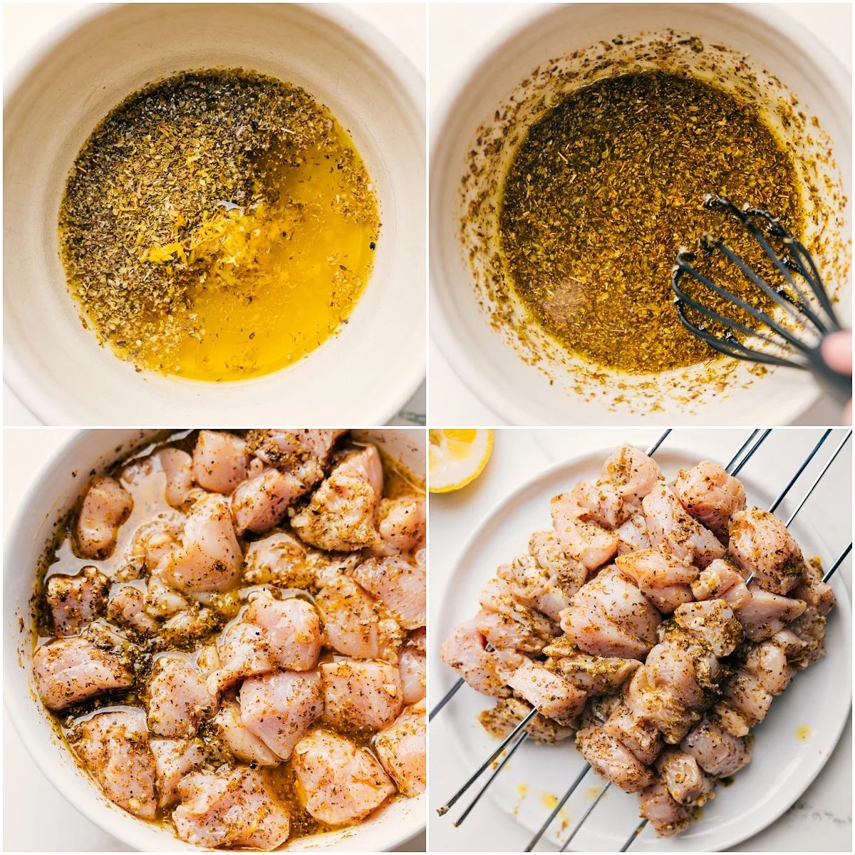 Chicken Souvlaki marinade being whisked together, then chicken pieces threaded onto skewers.