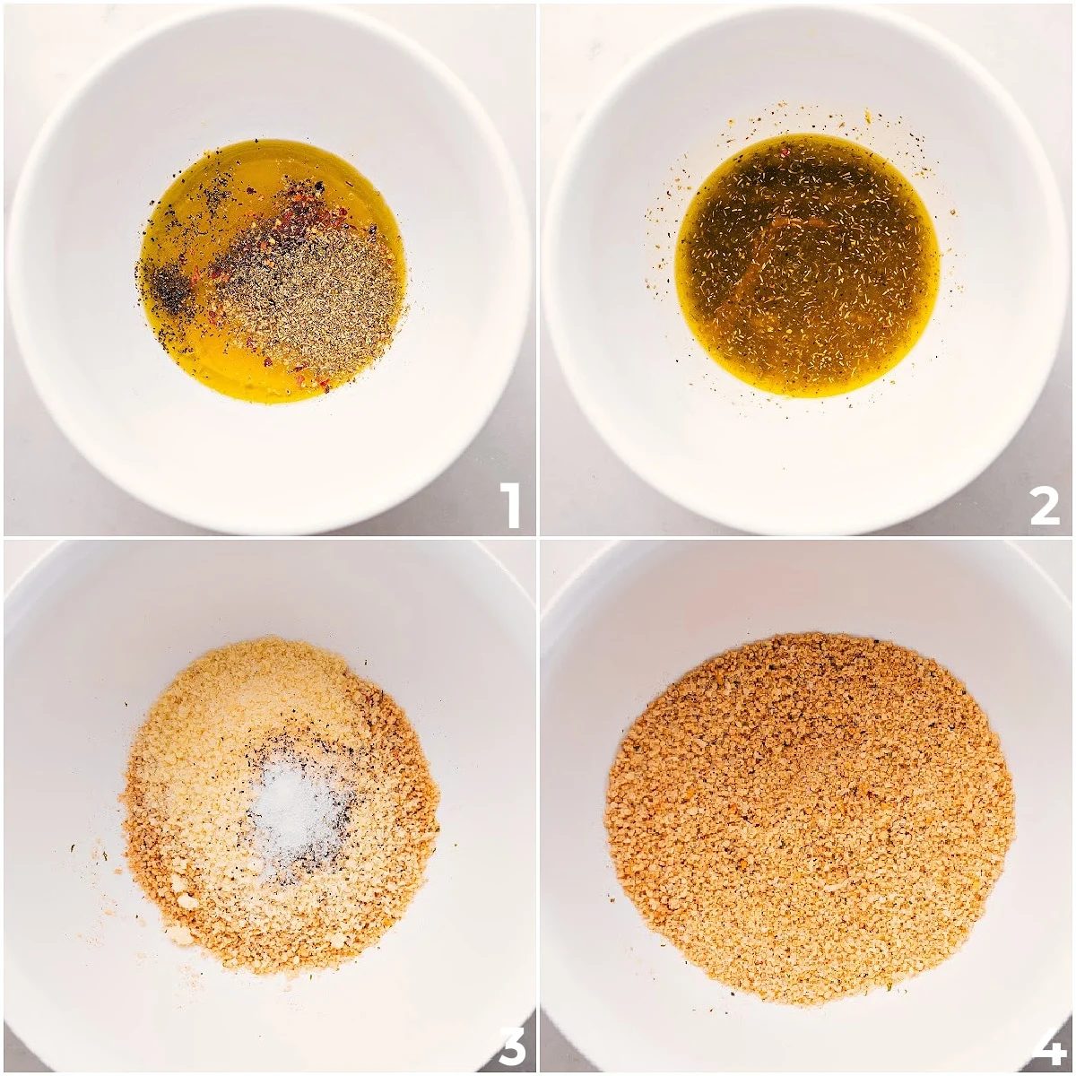 The marinade is mixed in one bowl, and the crispy breadcrumb topping comes together in another for this Chicken Spiedini.