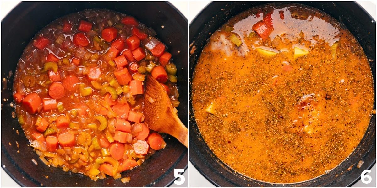 The stew simmering to create a rich, flavorful base before adding the remaining ingredients to the pot.
