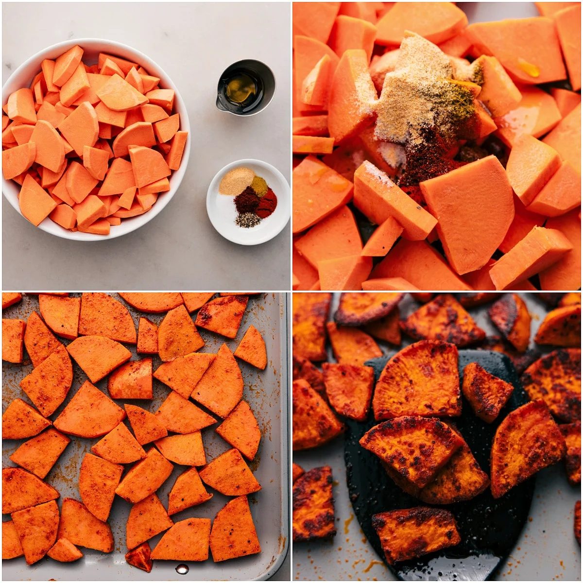 Chopped sweet potatoes tossed with oil and seasonings, then roasted to perfection.