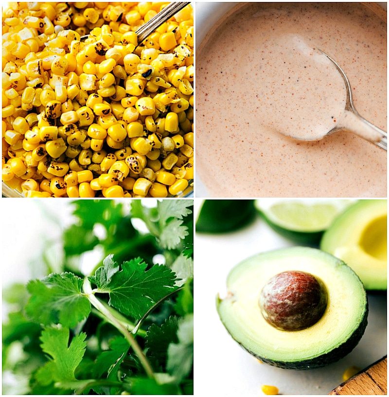 The corn, avocado, cilantro, and sauce used in this recipe.