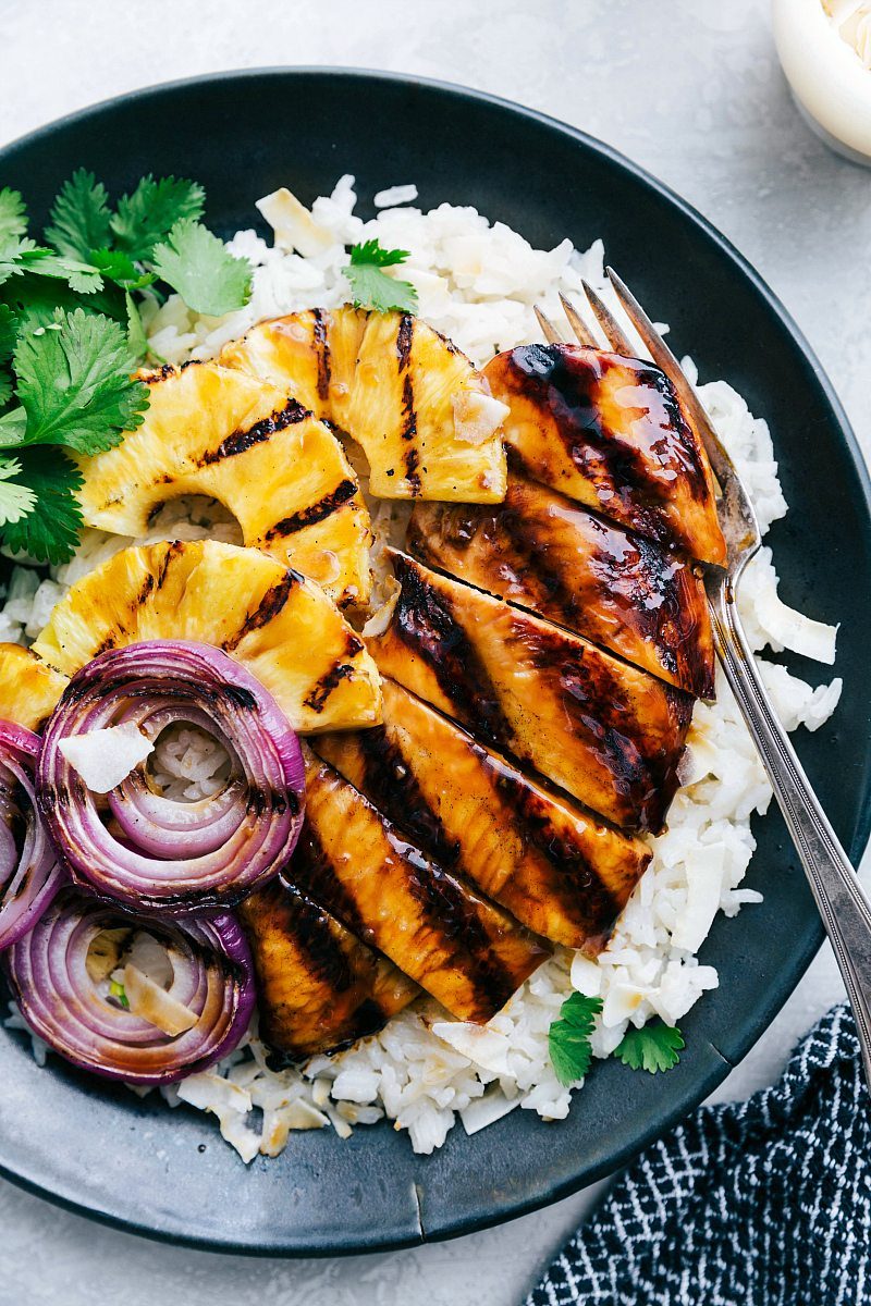 Teriyaki chicken over coconut rice.